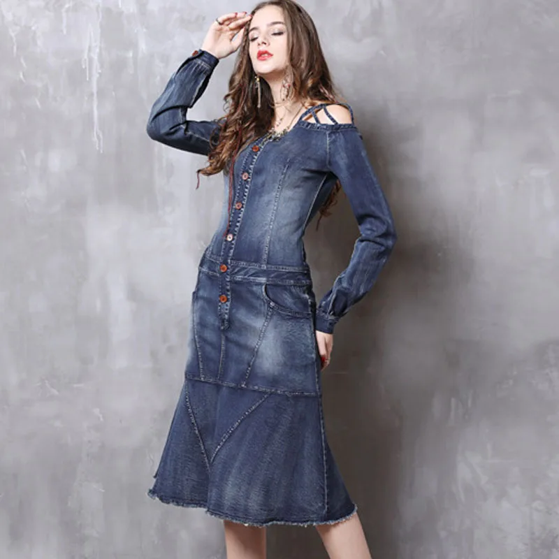 Spring Fall Fashion Women Hollow Out Long Sleeve Ruffles Bleached Denim Long Dress , Autumn Designer Jeans Dresses For Women
Spring Fall Fashion Women Hollow Out Long Sleeve Ruffles Bleached Denim Long Dress , Autumn Designer Jeans Dresses For Women