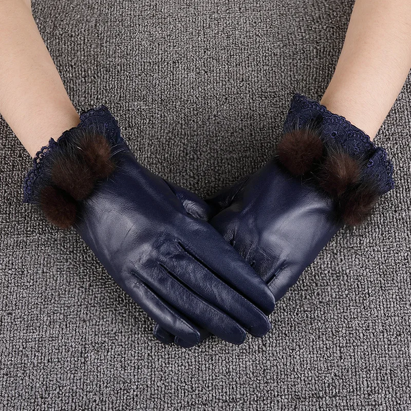 

Fashion Sheepskin Gloves Female Genuine Leather Women Gloves Autumn Winter Thicken Plush Lined Wrist Lace Five Fingers Gloves