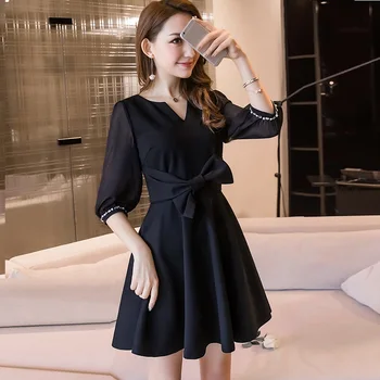 2018Summer women plus size elegant black dress cultivated V neck bow pinched waist ball gown dress casual vestido party Dress4XL
2018Summer women plus size elegant black dress cultivated V neck bow pinched waist ball gown dress casual vestido party Dress4XL