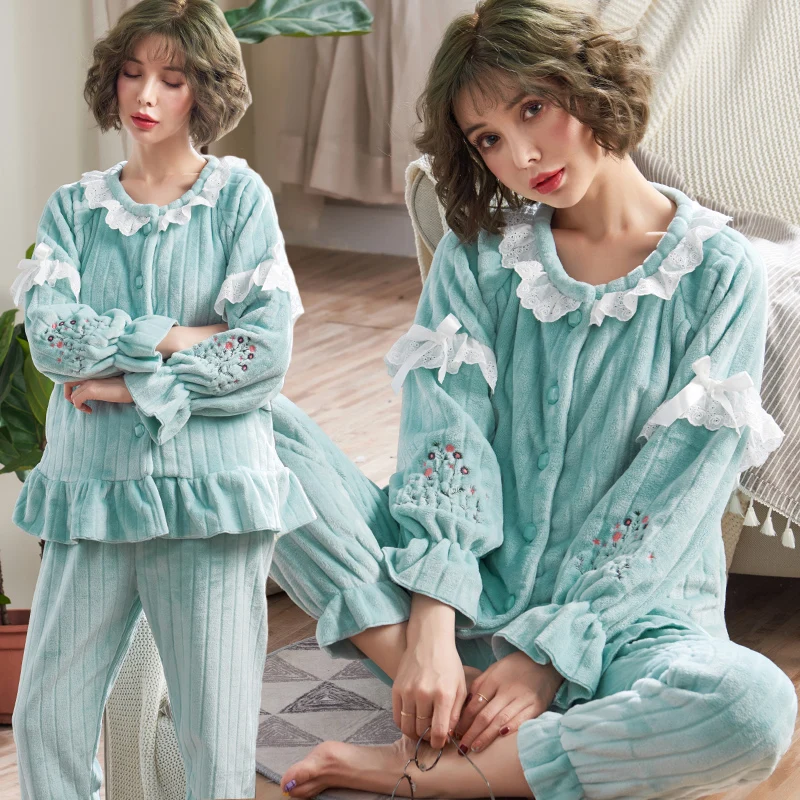 QoerliN Flannel Pajamas Sets Woman Lace Elastic Waist Breastfeeding Nursing Clothes Mother Trouser Suit 2 Piece Warm Winter Fall | Женская