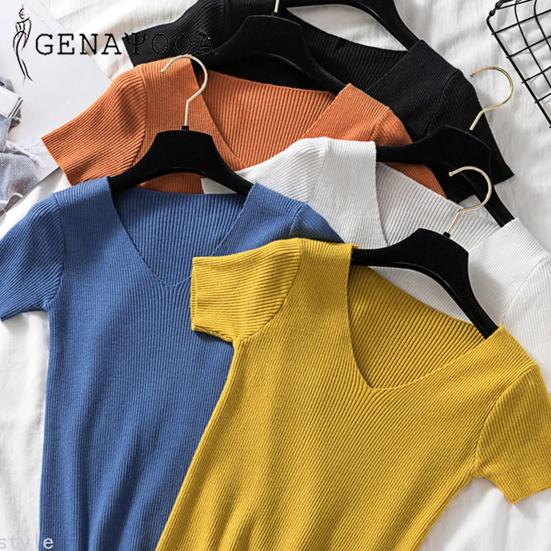 Genayooa High Quality Vogue Knitted T-shirt Women 10 Colors V-neck Short Sleeve Tshirt Women Korean Summer Top Harajuku 2019
Genayooa High Quality Vogue Knitted T-shirt Women 10 Colors V-neck Short Sleeve Tshirt Women Korean Summer Top Harajuku 2019