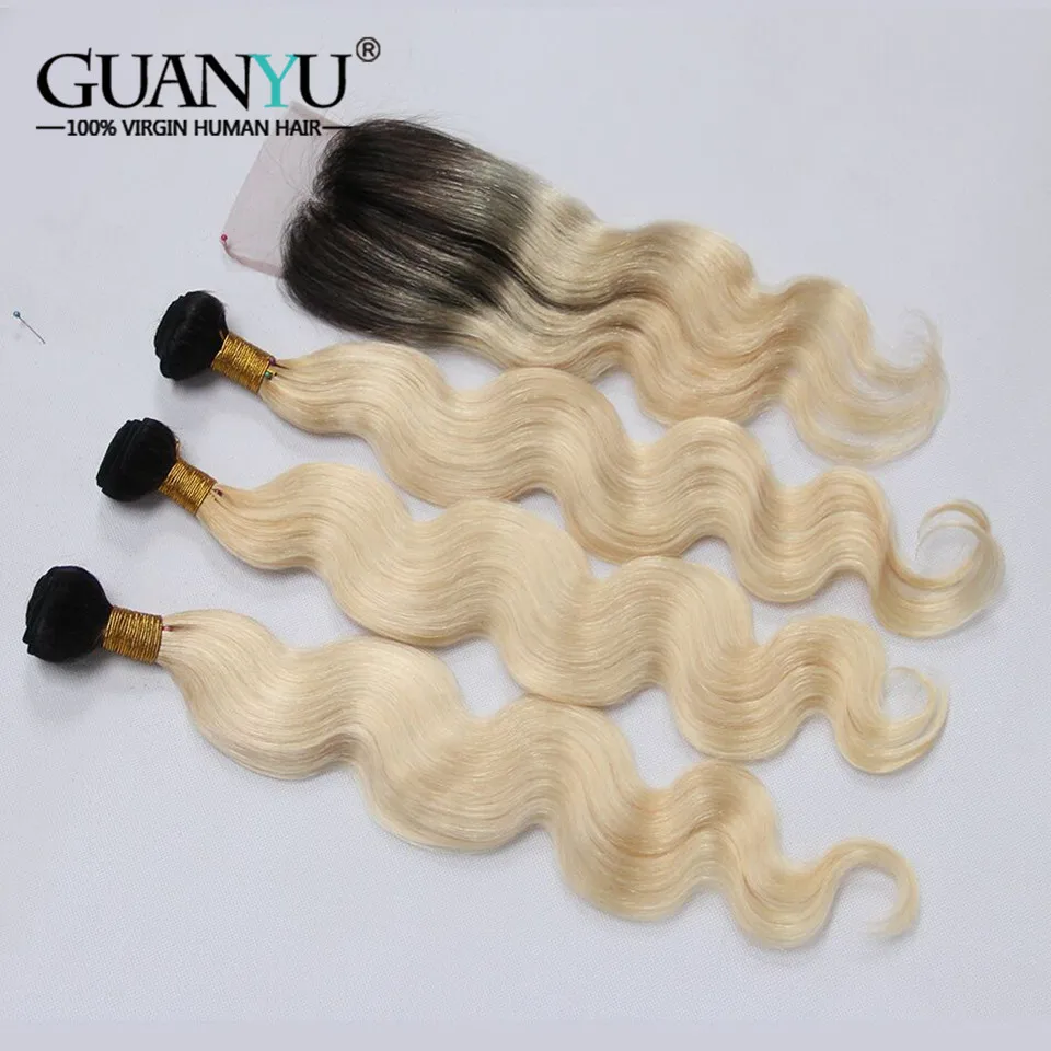 

Guanyuhair Remy 1B/613 Ombre Brazilian Body Wave Hair Bundles With Closure 2 Tone Black Blonde Human Hair Weft with Dark Roots
