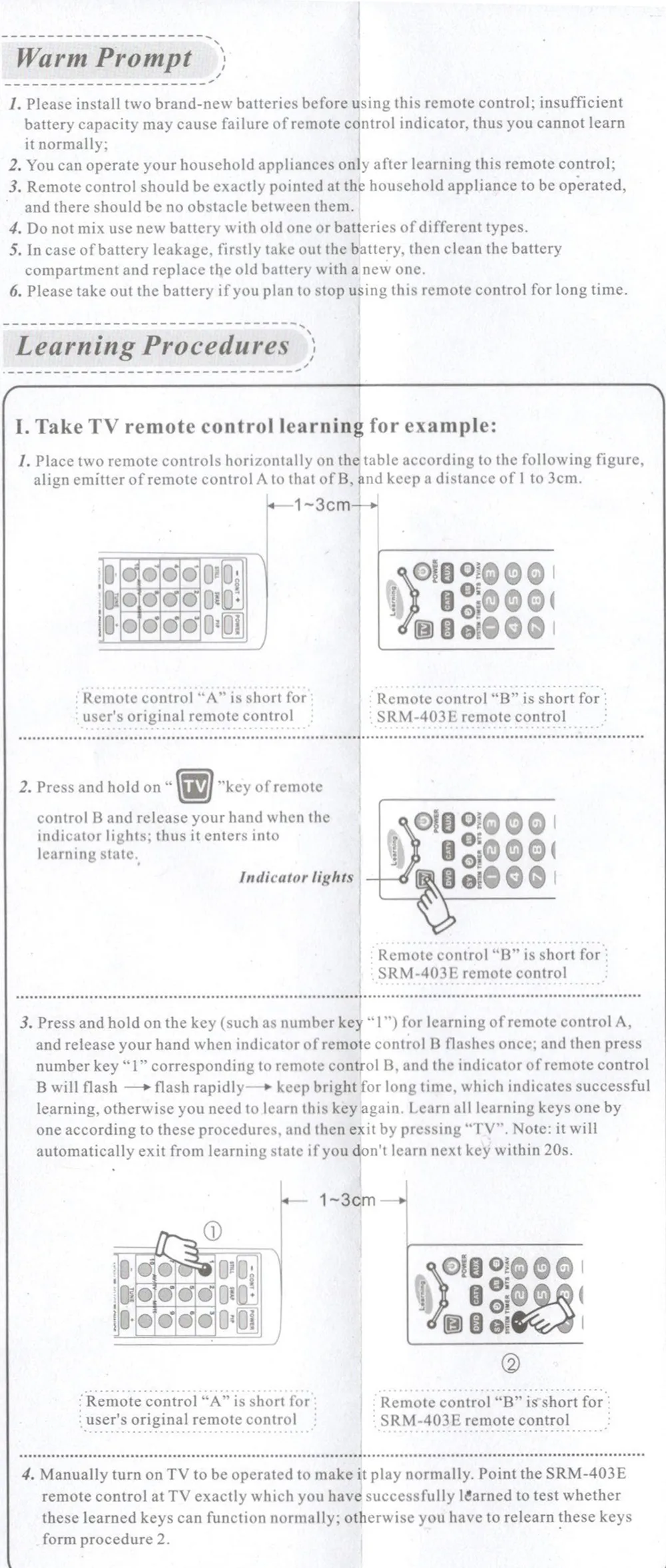 Chunghop SRM-403E Universal Remote Controller Learning Remote.
