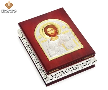 

Wood Craft gift box case of Silver Greek Orthodox Church religious icon Lord Jesus Christ for Jewelry home decoration baptism