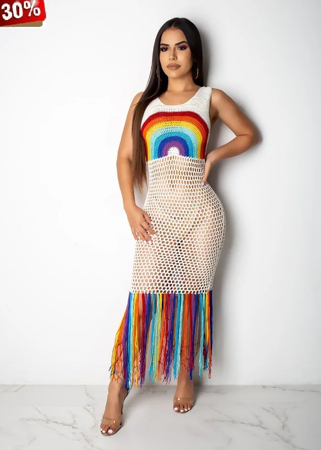 Beach Dress Women Crochet Knitted Hollou Out See Though Rainbow Tassel Patchwork Sleeveless Long Dress Bohemian Dresses
Beach Dress Women Crochet Knitted Hollou Out See Though Rainbow Tassel Patchwork Sleeveless Long Dress Bohemian Dresses