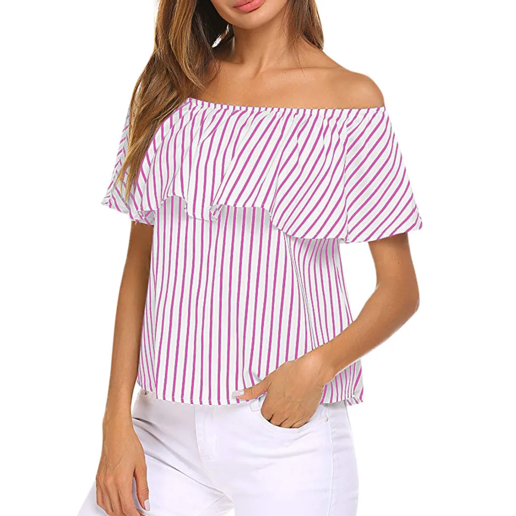 Female T-Shirt Women Off Shoulder Ruffles Striped Printed Casual Tee Shirt Femme Sexy Slash Neck Loose Shirt Tops Kawaii Clothes
Female T-Shirt Women Off Shoulder Ruffles Striped Printed Casual Tee Shirt Femme Sexy Slash Neck Loose Shirt Tops Kawaii Clothes