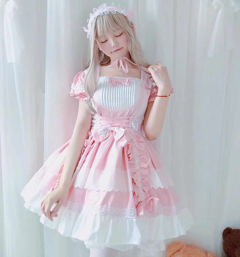 French Maid Gothic Style Pink Short Sleeve Lace Trim Bowknot Dress Japanese Retro Women Lolita Kawaii Cosplay OP Princess Dress
French Maid Gothic Style Pink Short Sleeve Lace Trim Bowknot Dress Japanese Retro Women Lolita Kawaii Cosplay OP Princess Dress