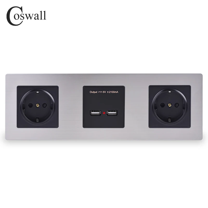 

COSWALL Wall Stainless Steel Panel Double Socket 16A EU Electrical Outlet Dual USB Smart Charging Port 5V 2A Output Black Color