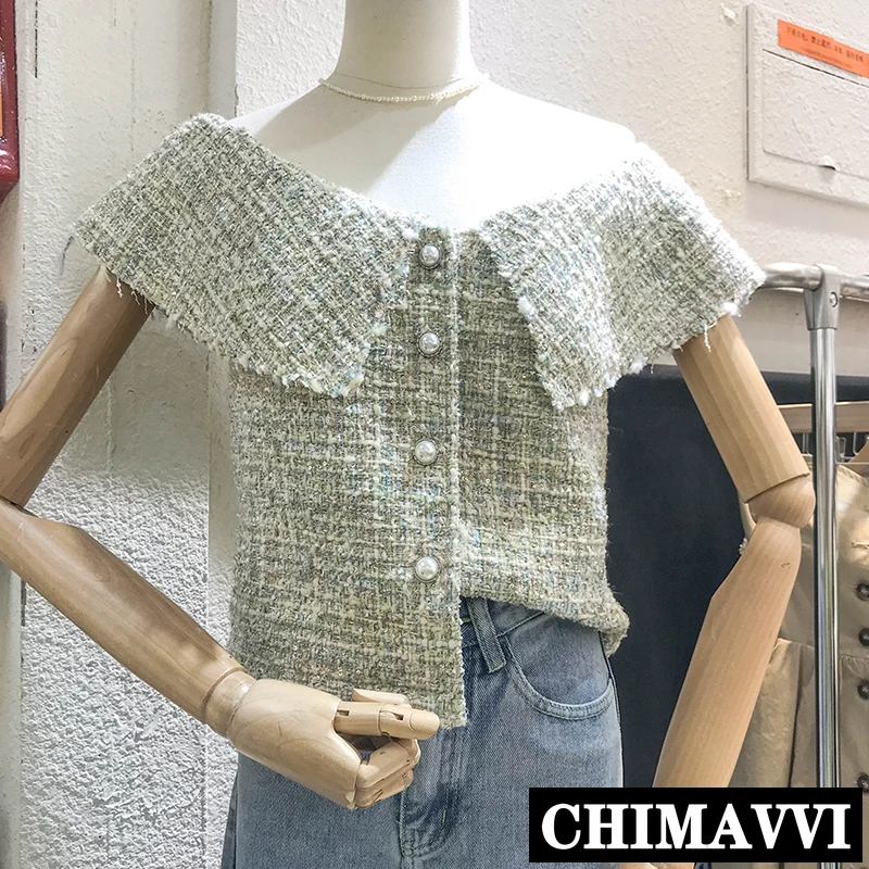 New Korean 2019 Summer Small Fragrance Women's Off Shoulder Doll Collar Short Tweed Shirts Pearl Buttons Sleeveless Blouse Tops
New Korean 2019 Summer Small Fragrance Women's Off Shoulder Doll Collar Short Tweed Shirts Pearl Buttons Sleeveless Blouse Tops