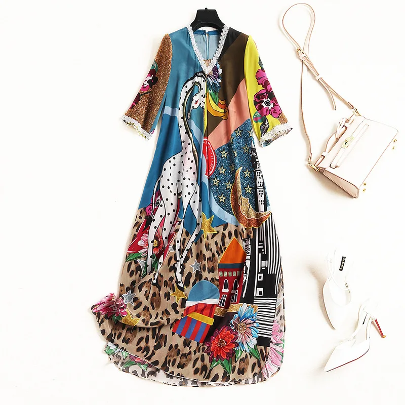 High Quality 100% Real Silk Dress Women 2019 Spring New Designer V Neck Cartoon Print Loose Casual Dress Large Size Vestidos
High Quality 100% Real Silk Dress Women 2019 Spring New Designer V Neck Cartoon Print Loose Casual Dress Large Size Vestidos