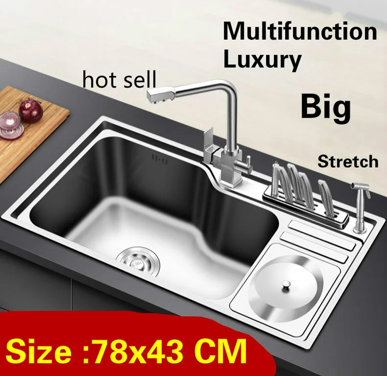 

Free shipping Apartment multifunction kitchen single trough sink luxury do the dishes 304 stainless steel big hot sell 78x43 CM