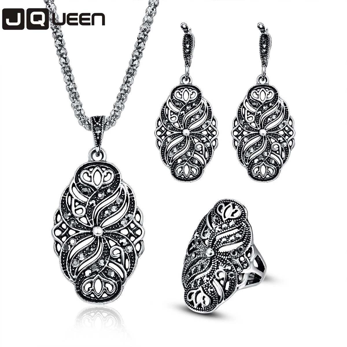 Antique Silver Color Vintage Turkish Jewlery Set Black Crystal Drop Earrings Necklace Ring Sets For Women 2017
Antique Silver Color Vintage Turkish Jewlery Set Black Crystal Drop Earrings Necklace Ring Sets For Women 2017