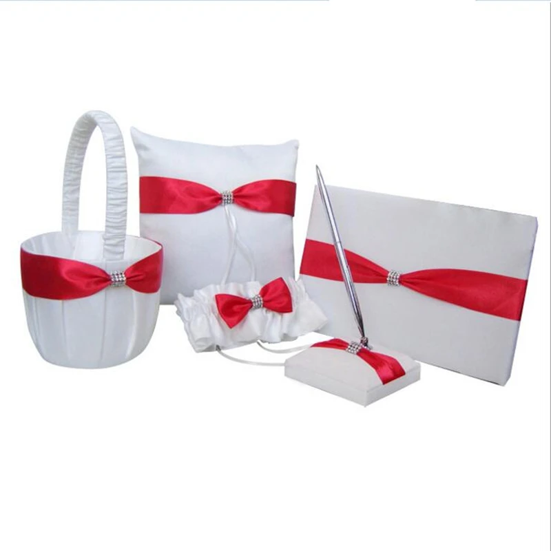 5pcs/set(Guest book+Flower Basket+Pen Holder+Ring Pillow+Garter) Handmade Satin Rhinestone Ribbon Decor Wedding Supplies
5pcs/set(Guest book+Flower Basket+Pen Holder+Ring Pillow+Garter) Handmade Satin Rhinestone Ribbon Decor Wedding Supplies