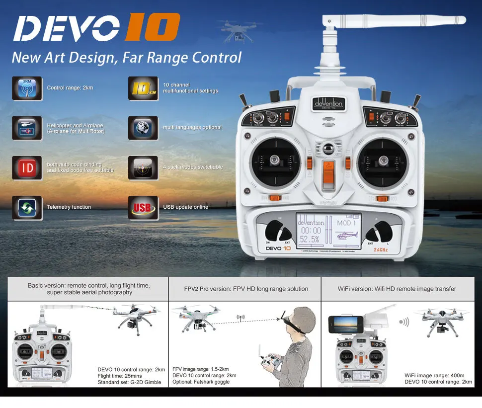 

Newest White Walkera DEVO 10 CH 10ch Transmitter 2KM 2.4Ghz Telemetry Function Radio System + RX1002 Receiver