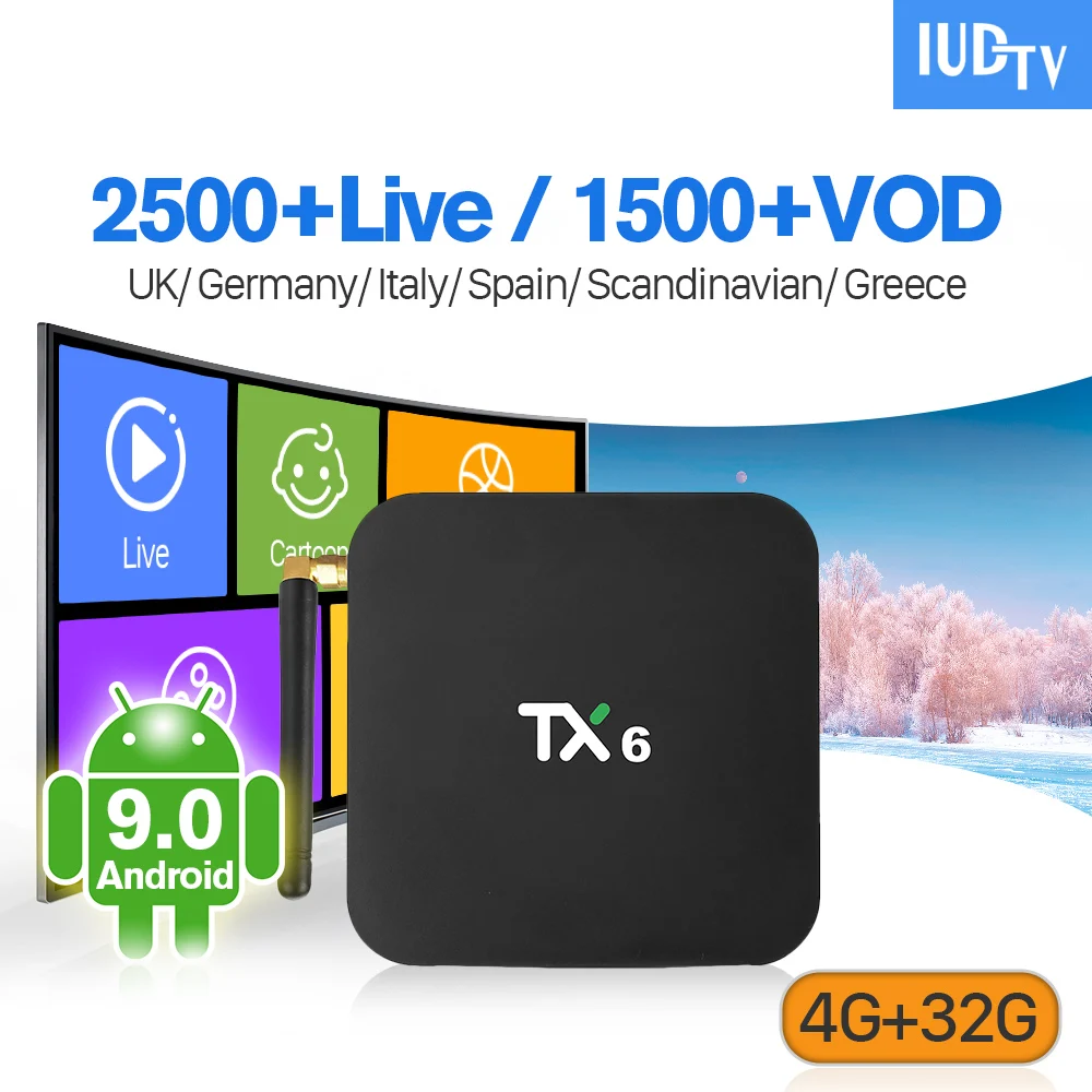 IP TV Spain Italy Sweden 1 Year IPTV Android 9.0 TX6 4+32G BT5.0 Dual-Band WIFI IUDTV Full HD German UK Android 9.0 IP TV Box
IP TV Spain Italy Sweden 1 Year IPTV Android 9.0 TX6 4+32G BT5.0 Dual-Band WIFI IUDTV Full HD German UK Android 9.0 IP TV Box