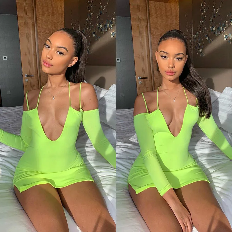 BKLD Off Shoulder Long Sleeve Sexy V-neck Mini Bodycon Women Spring Dresses Spaghetti Strap Fashion Neon Green Split Party Dress
BKLD Off Shoulder Long Sleeve Sexy V-neck Mini Bodycon Women Spring Dresses Spaghetti Strap Fashion Neon Green Split Party Dress