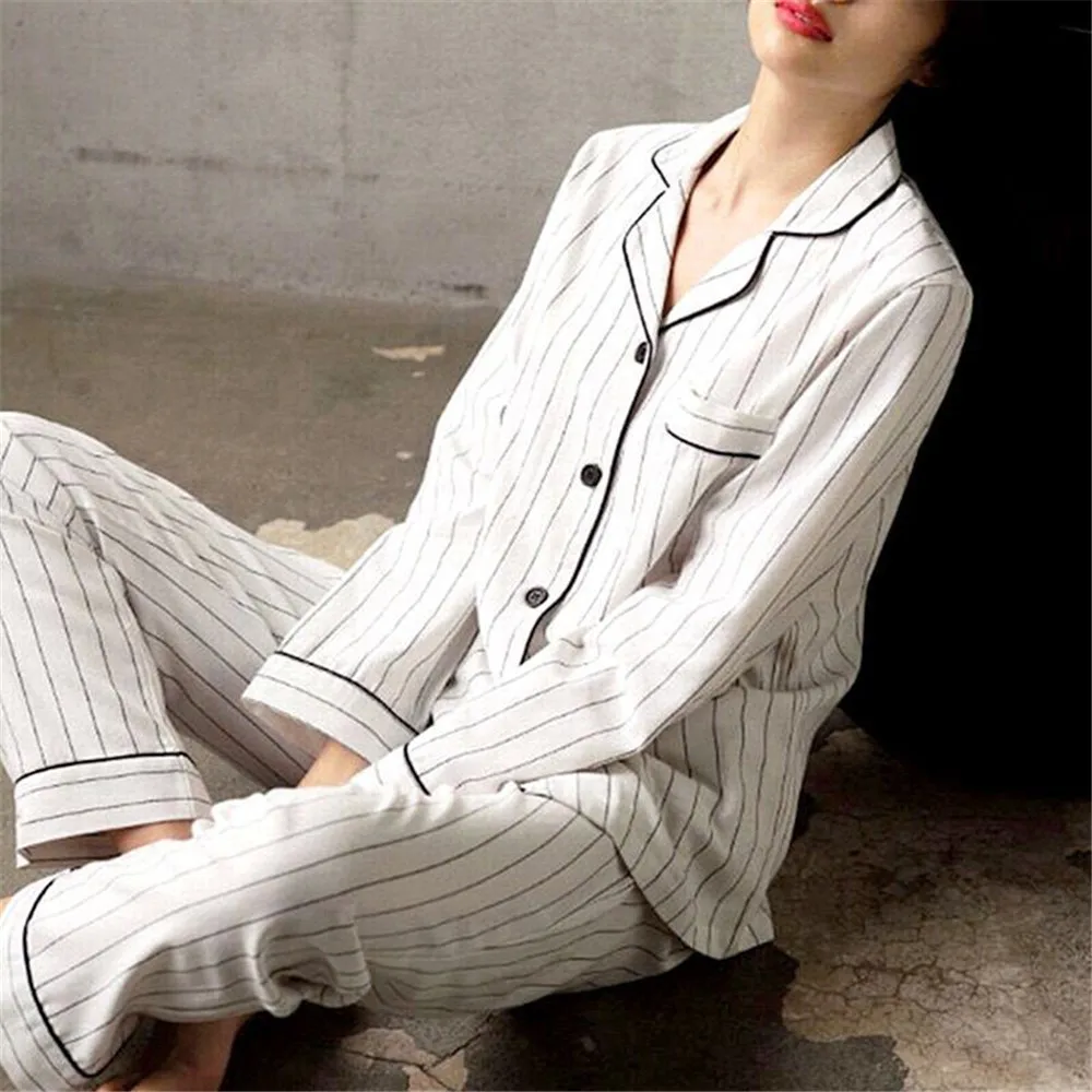 Women Pajamas Set White Striped Casual Cotton Long Sleeve Sleepwear Suit 2 Piece Sexy Spring Homewear Lounge Pant Suit for Women
Women Pajamas Set White Striped Casual Cotton Long Sleeve Sleepwear Suit 2 Piece Sexy Spring Homewear Lounge Pant Suit for Women
