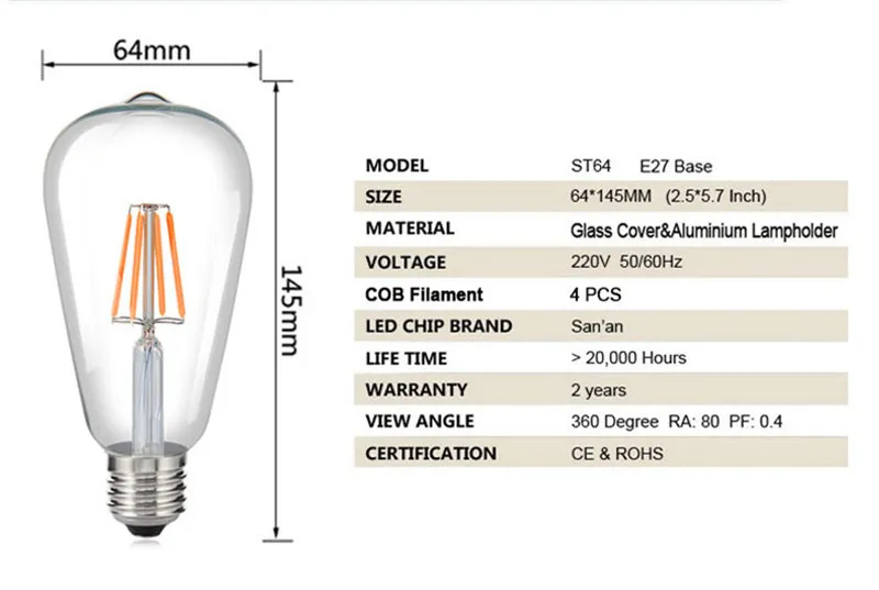 Bombilla Led E27 220V Filament Bulbs ST64 4W Ampoule Led Edison Lamp Colorful Luces Lamparas Light for Home Decor Vintage Lamps (26)