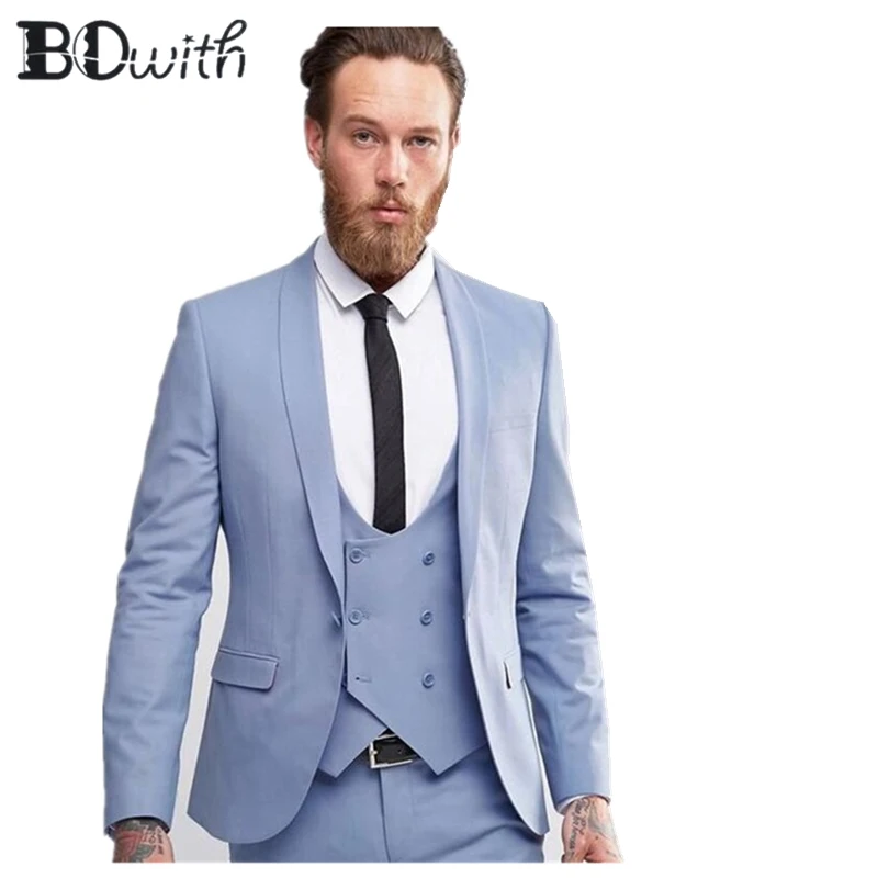 Light Blue Wedding Men Suit Shawl Collar Slim Fit 3 Pieces Jacket+Pants+Vest For Wedding Tuxedos Formal Suits Custom Made
Light Blue Wedding Men Suit Shawl Collar Slim Fit 3 Pieces Jacket+Pants+Vest For Wedding Tuxedos Formal Suits Custom Made