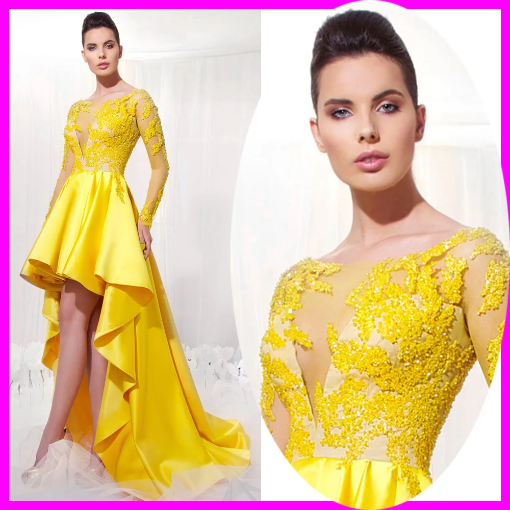 Couture Yellow High Low Lace Prom Dresses 2015 Evening Dress Sexy Party Dresses Scoop See Through Long Sleeve Beaded ES-7M
Couture Yellow High Low Lace Prom Dresses 2015 Evening Dress Sexy Party Dresses Scoop See Through Long Sleeve Beaded ES-7M
