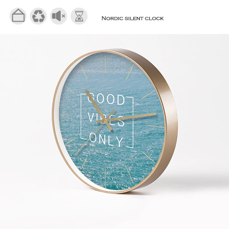 Nordic Metal Wall Clock Modern Design 12 inch Quartz Saat Seascape Silent Good Vibes Only Watch for Living Room Home Decoration 
Nordic Metal Wall Clock Modern Design 12 inch Quartz Saat Seascape Silent Good Vibes Only Watch for Living Room Home Decoration