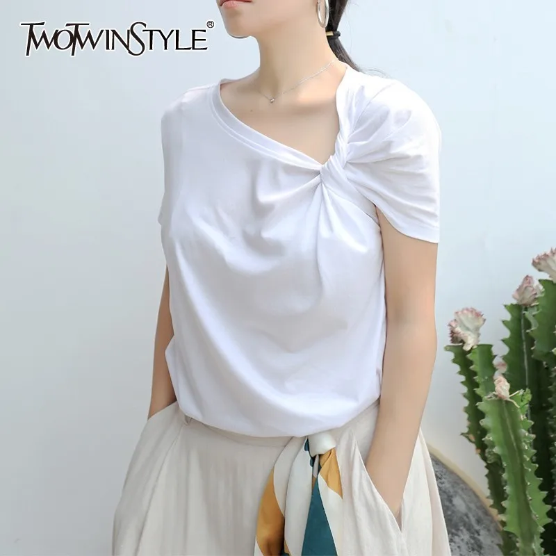 TWOTWINSTYLE Casual Solid T-shirt For Women O Neck Short Sleeve Asymmetrical Large Size T-shirts Female Fashion Summer 2019
TWOTWINSTYLE Casual Solid T-shirt For Women O Neck Short Sleeve Asymmetrical Large Size T-shirts Female Fashion Summer 2019