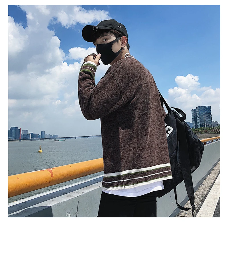 Check Button Cardigan Male Oversize Loose Streetwear (28)