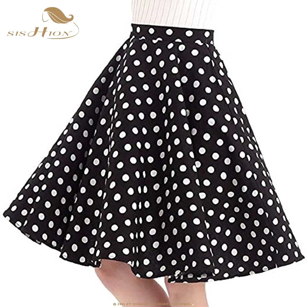 

SISHION Vintage Skirt Black with White Polka Dots Cotton Retro Swing High Waist Elegant Skater Skirt Summer Women Faldas VD0020