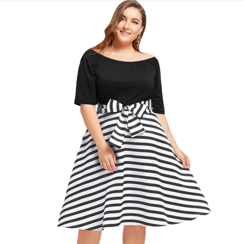 Plus Size 5XL O Neck Short Sleeves Stripe Belted Midi Dress Vintage Rockabilly Robe Mujer Women Party Dress Vestidos With Bow
Plus Size 5XL O Neck Short Sleeves Stripe Belted Midi Dress Vintage Rockabilly Robe Mujer Women Party Dress Vestidos With Bow