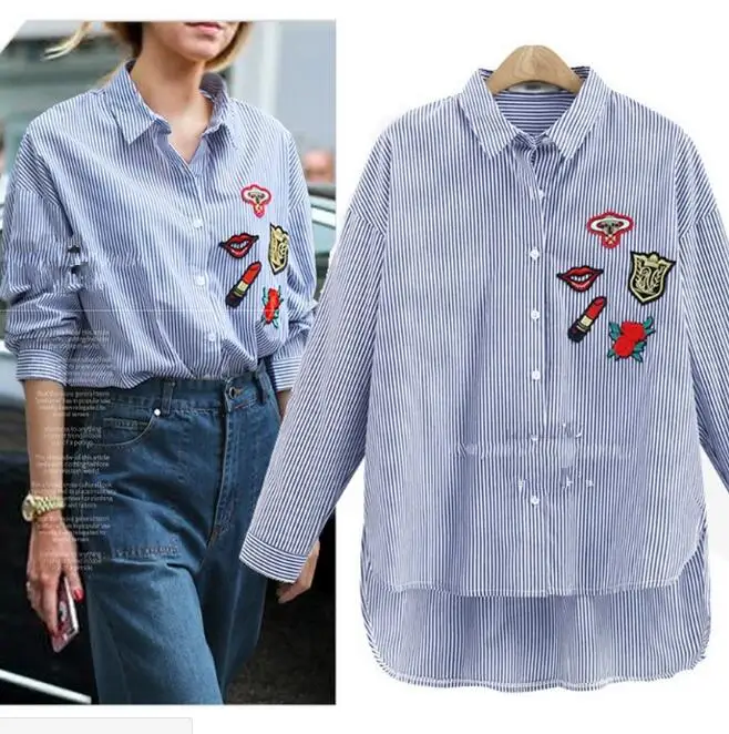 european style embroidery patch dovetail temperament shirt women's long sleeve fashion lapel striped shirt camisa mujer
european style embroidery patch dovetail temperament shirt women's long sleeve fashion lapel striped shirt camisa mujer