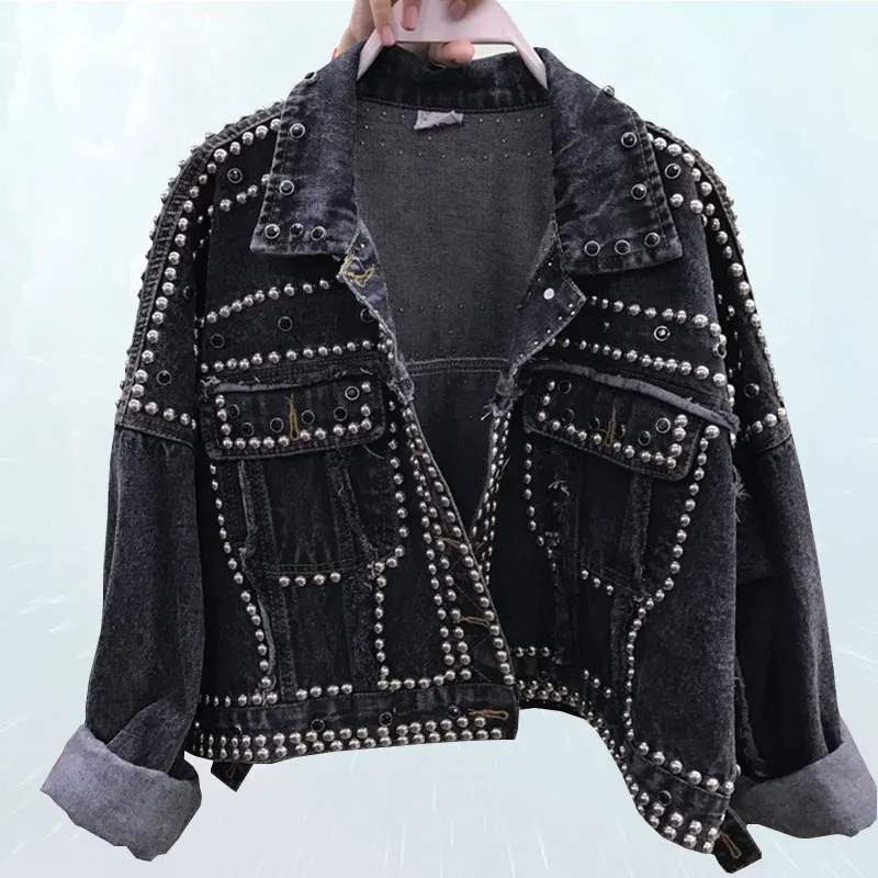 Spring Autumn Short Balck Denim Jacket Women Handmade Rivet Beaded Denim Coat Pockets Streetwear Loose Oversize Female Top SL068
Spring Autumn Short Balck Denim Jacket Women Handmade Rivet Beaded Denim Coat Pockets Streetwear Loose Oversize Female Top SL068
