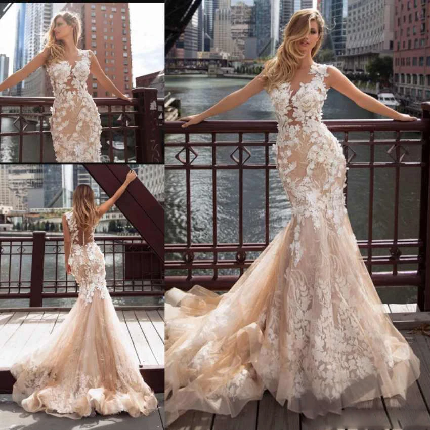 Fashion Design Mermaid Wedding Gowns Full Appliques Illusion Button Back Bridal Gowns Champagne Bride Dress Vestido de noiva
Fashion Design Mermaid Wedding Gowns Full Appliques Illusion Button Back Bridal Gowns Champagne Bride Dress Vestido de noiva