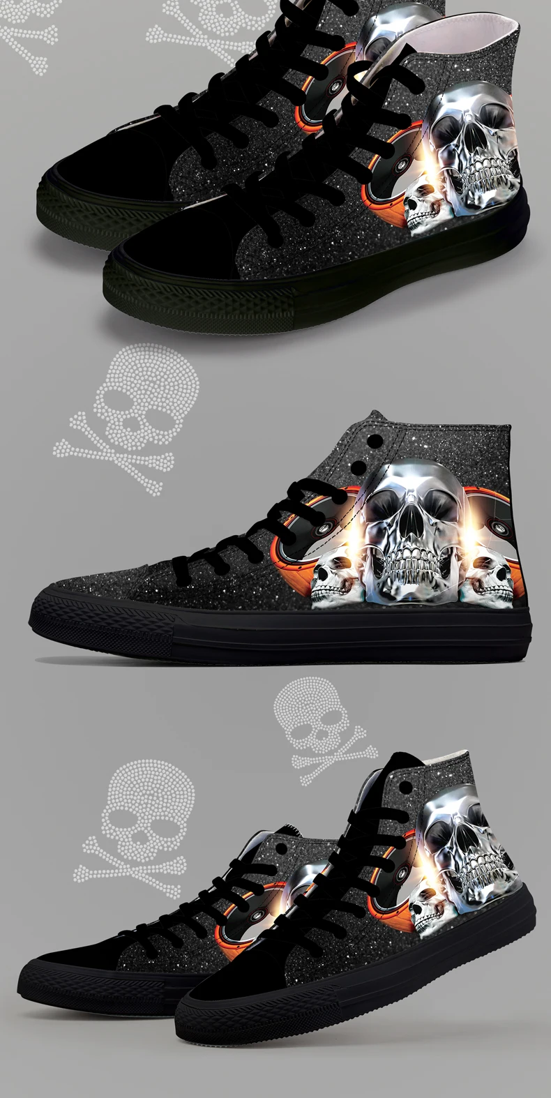 FIRST DANCE Casual Black Punk Skull High Top Shoes Men Classic High Canvas Shoes Fashion 3D Street Nice Printed Casual Shoes Men 10