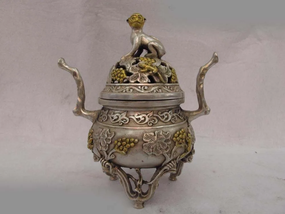7 Chinese White Copper Silver Gild Grapes Vine Monkey censer incense burner SD 506
7 Chinese White Copper Silver Gild Grapes Vine Monkey censer incense burner SD 506