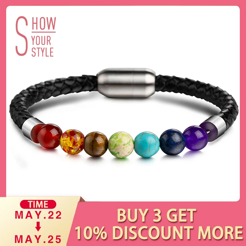 UMODE 7 Colors Chakra Natural Stone Mans Bracelet Leather Magnet Stainless Steel 22cm Length Jewelry Monolayer Survival UB0127C
UMODE 7 Colors Chakra Natural Stone Mans Bracelet Leather Magnet Stainless Steel 22cm Length Jewelry Monolayer Survival UB0127C
