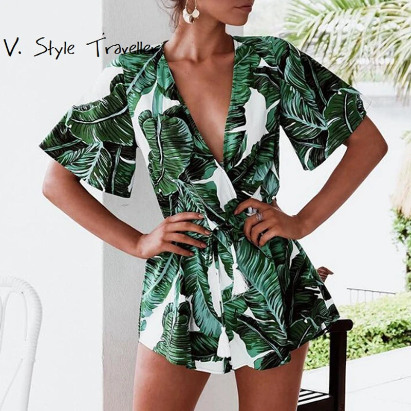 

Green Leaves Tropical Print Playsuit Women Boot Cut Flare Sleeves Fringes Bohemia Jumpsuit Summer Style Overall IG Sexy Bodysuit