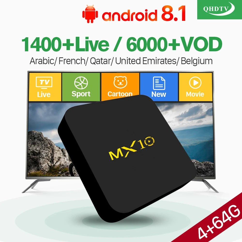 Arabic IPTV Box MX10 4G 64G Belgium Netherlands Android 9.0 4G 64G 2.4GHz WiFi IPTV France Algeria QHDTV Subscription 1 Year Box
Arabic IPTV Box MX10 4G 64G Belgium Netherlands Android 9.0 4G 64G 2.4GHz WiFi IPTV France Algeria QHDTV Subscription 1 Year Box