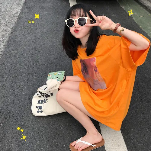 Simple Character Printed Big Short Sleeve Oversize Long Design Thin Fresh 2019 Summer Spring Short Sleeve Femal Women T-shirts
Simple Character Printed Big Short Sleeve Oversize Long Design Thin Fresh 2019 Summer Spring Short Sleeve Femal Women T-shirts