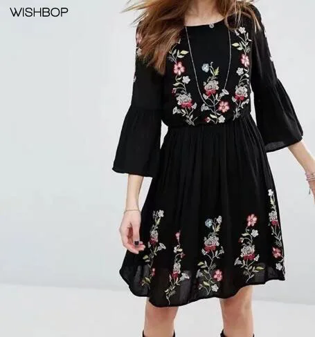WISHBOP 2017 NEW Woman Boho Black Mini dress Round Neck with flowers Embroidered 3/4 Flared sleeved Back with buttoned
WISHBOP 2017 NEW Woman Boho Black Mini dress Round Neck with flowers Embroidered 3/4 Flared sleeved Back with buttoned