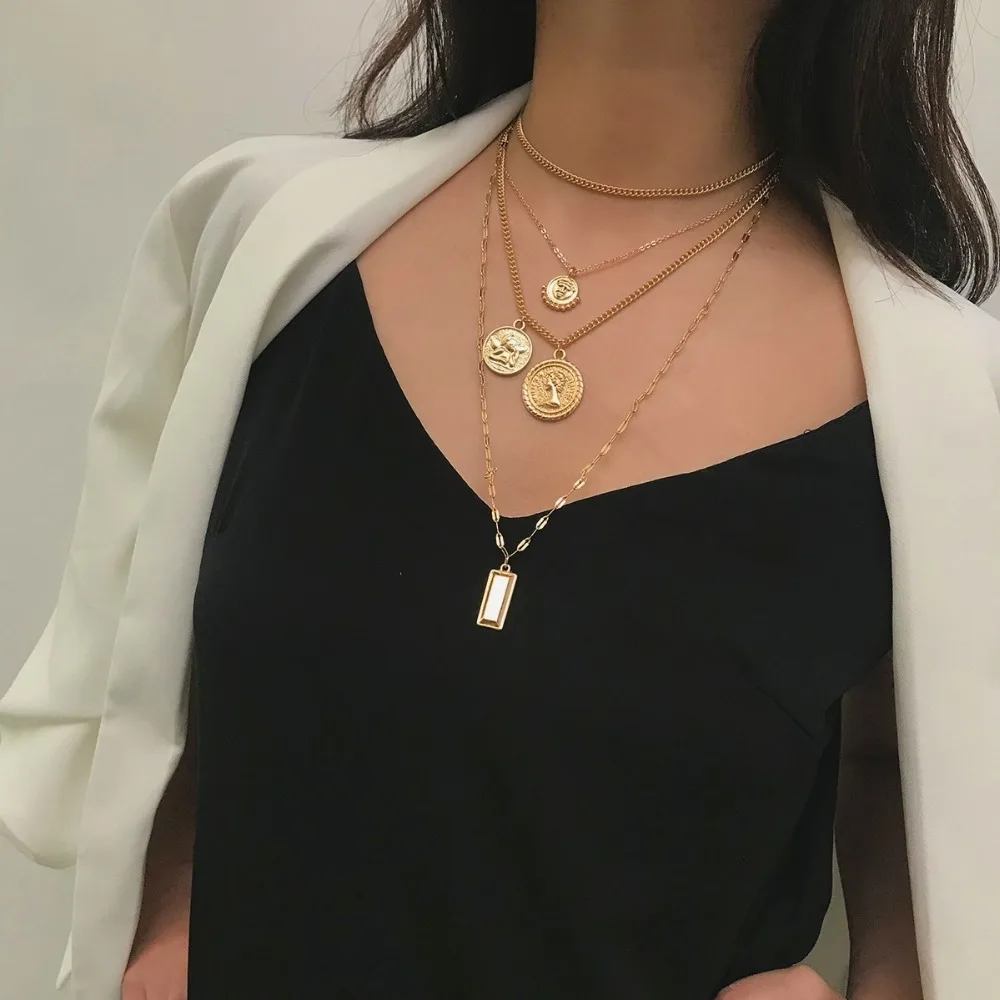 New Multilayer Carved Coin Choker Necklace Boho Vintage Alloy Angel Head Pendant Long Chunky Necklace For Women Jewelry
New Multilayer Carved Coin Choker Necklace Boho Vintage Alloy Angel Head Pendant Long Chunky Necklace For Women Jewelry