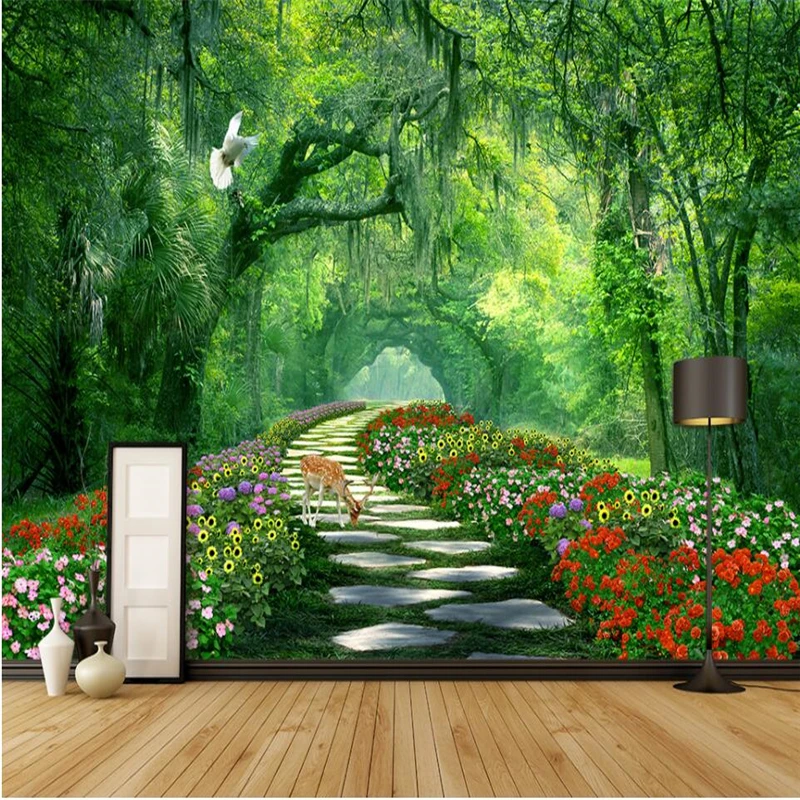 

beibehang Tree park green road 3d landscape background wall custom large fresco wallpaper papel de parede para quarto