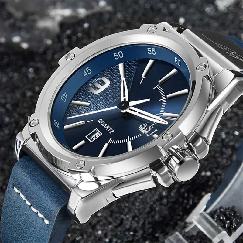 

ASJ Men Watch Waterproof Top Brand Luxury Military Wristwatch Genuine Leather Sport Army Business Male Clock Relogio Masculino