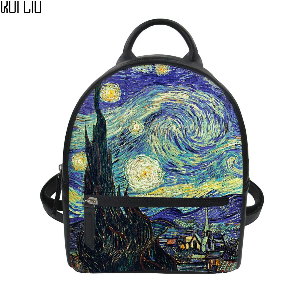 

Customized Women Backpack Mini Rucksack Lady Luxury Leather Shoulder Bagpack Teenagers Bolsa Vincent van Gogh Starry Night Print