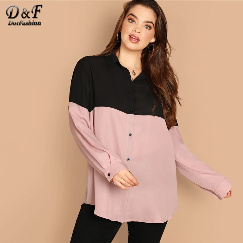 

Dotfashion Plus Size Two Tone Women Shirts Autumn Casual 2019 Clothing Long Sleeve Colorblock Longline Womens Tops And Blouses