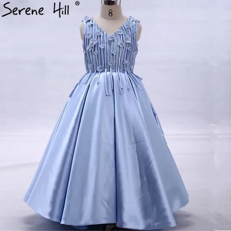 V-Neck Appliques Flower Girl Dresses Blue Sleeveless First Communion For Girls Kids Evening Gowns 2021 Serene Hill | Свадьбы и