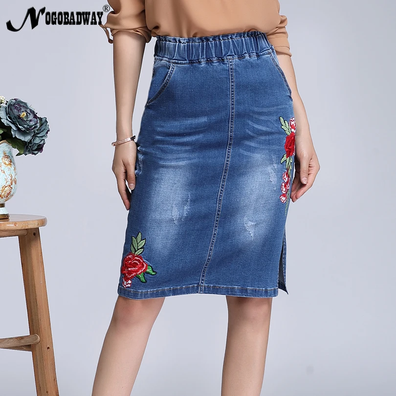 Plus Size Stretch Waist Floral Embroidered Denim Skirts Short Pencil Jeans Skirt