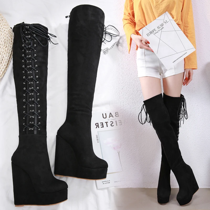 2019 New Flock Over The Knee Women Boots Wedges 15CM Super High Heels Knee Boots Cross Tied Lace Up Platform Shoes Winter Boots
2019 New Flock Over The Knee Women Boots Wedges 15CM Super High Heels Knee Boots Cross Tied Lace Up Platform Shoes Winter Boots