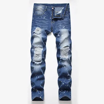 

Jeans Men Denim Casual Washed Hole Bleached Vintage Ripped Straight Scratched Full Length High Quality Distressed Male Jeans