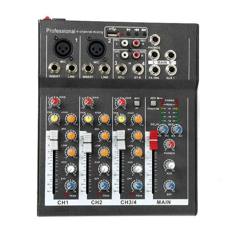 2019 Built-in 48V power supply for four-channel mixer audio Household 4-way USB Band Effect Mixer music mixer
2019 Built-in 48V power supply for four-channel mixer audio Household 4-way USB Band Effect Mixer music mixer