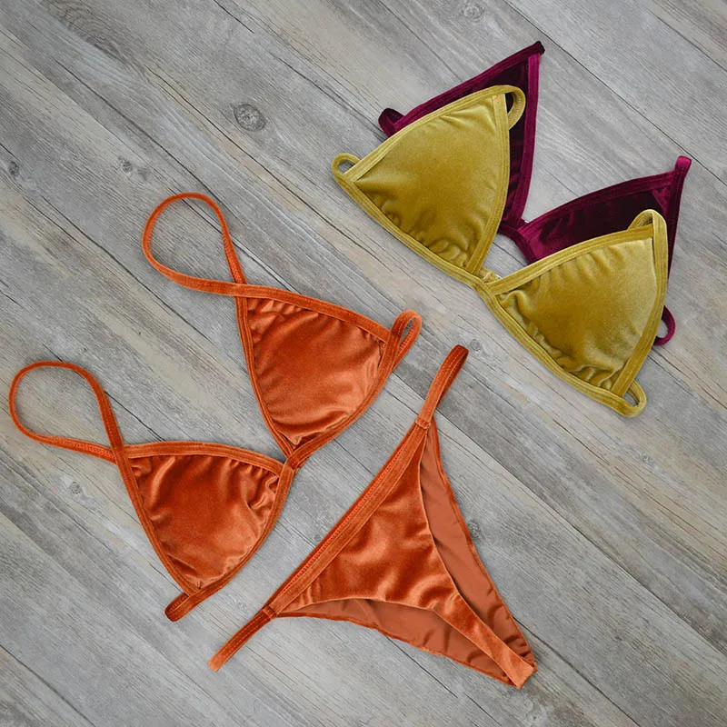 

2019 Women Dark Green Orange Gold Velvet Thong Bikinis Sets Swimwear Swimsuit Brazilian Beach Wear Bathing Suit 2221